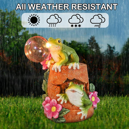 Afirst Solar Garden Outdoor Statues Frog Solar Garden Statue Blowing Bubble with Flowers Waterproof