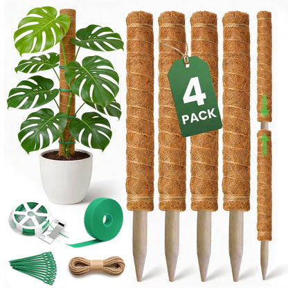 4 Pack 16" Moss Pole Monstera Plant Support - Stackable up to 48" - Plant Stakes for Indoor
