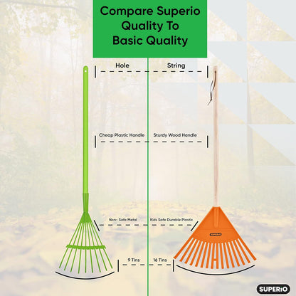 Pack of 2 Kids Rake with Hardwood Handle, Durable Plastic Head to Sweep Leaves in Lawn and Tidying