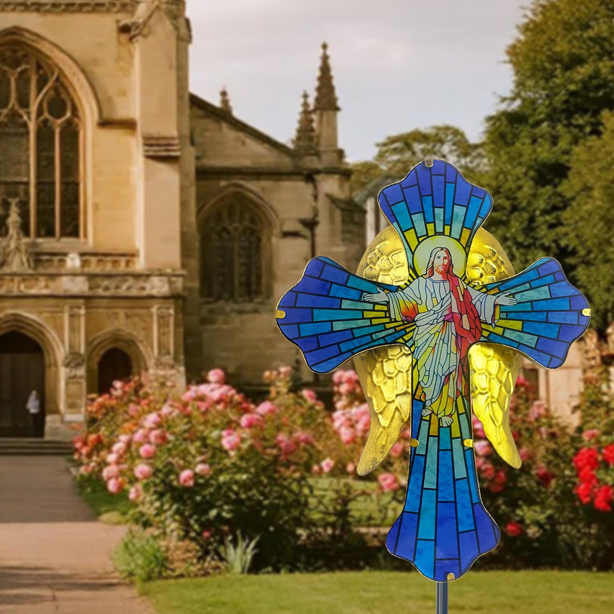 WAIU Solar Cross Garden Light,Grave Decorations,Golden Angel Wings,for Remembrance Gifts,Christmas