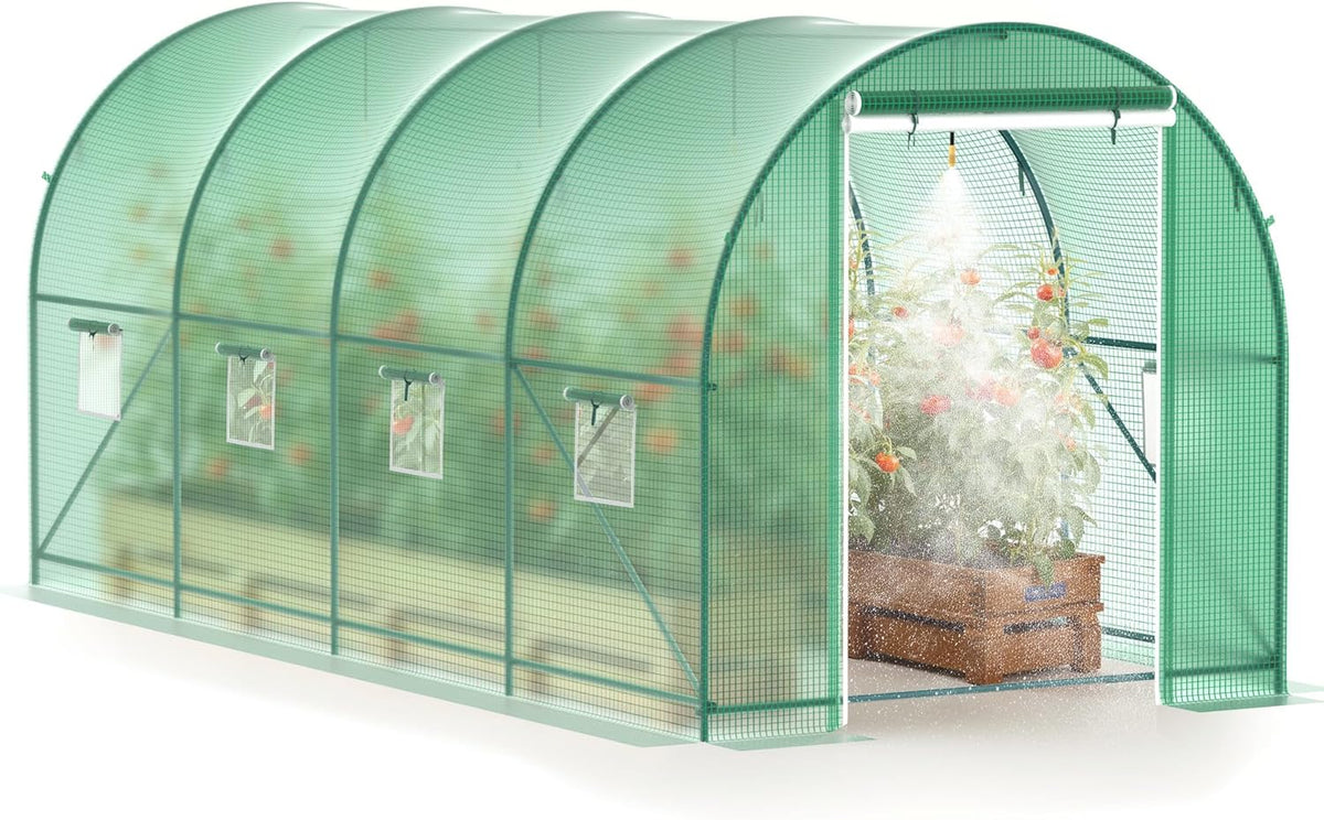 Greenhouse, 15’x7’x7’ Upgraded Walk-in Greenhouse with Spraying System, Heavy Duty Tunnel Green