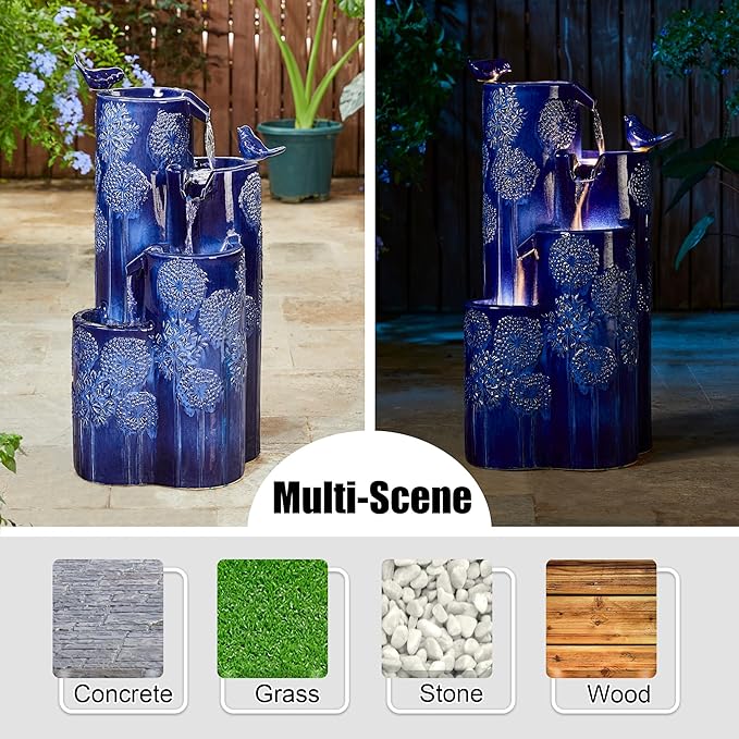 Glitzhome 32" H Outdoor Water Fountain with LED Lights and Pump, 4 Tier Ceramic Cobalt Blue