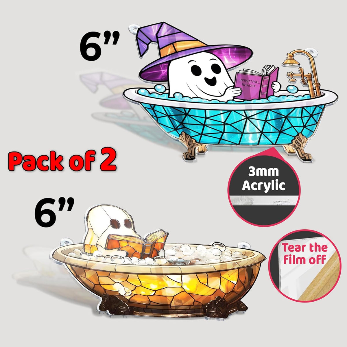 2 Boo Bathtub Acrylic Suncatchers, Gothic Cute Ghost Reading Book Window Hanging Ornaments