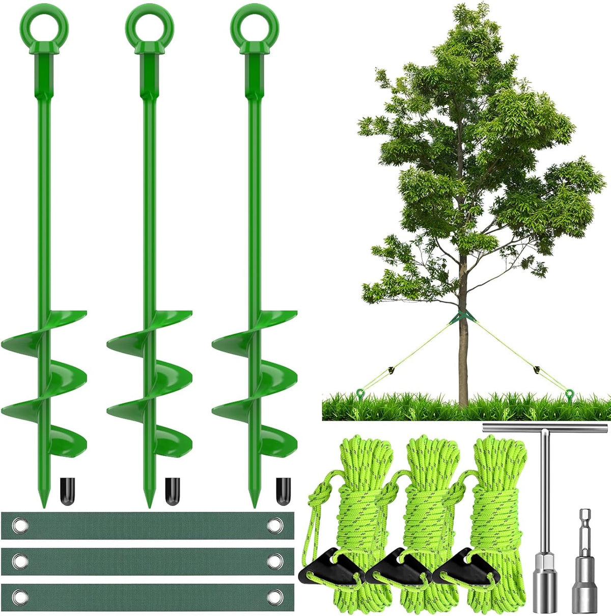 3 Pack 18" Tree Stake Kit, Heavy Duty Spiral Stakes and Supports for Leaning and Young Trees