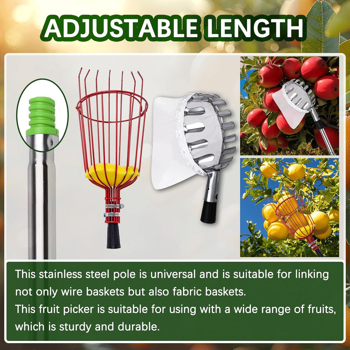 20 Ft Fruit Picker with Wire Basket and Bag Basket,Adjustable Stainless Steel Fruit Picker Pole