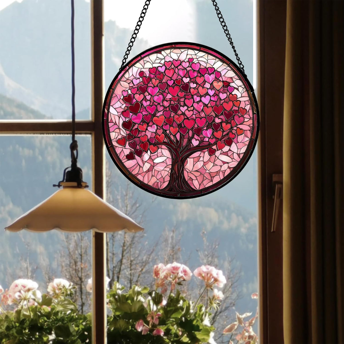 Stained Glass Window Hanging - DASTOLL, Birthday Gifts for Women Men Mom Dad, Pink Love Tree