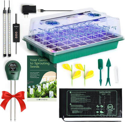 Upgraded Seed Starter Tray with Grow Lights and Heat Mat, 3-in-1 Soil Meter, & Sticky Gnat Traps