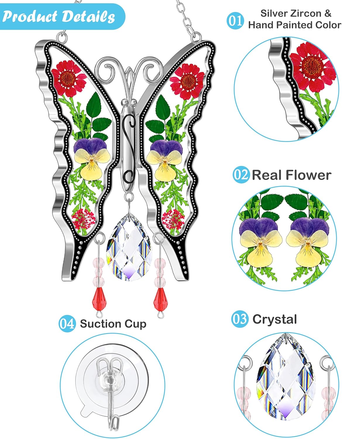 KY&BOSAM Crystal Butterfly Suncatchers for Windows Hanings Stained Glass Wind Chimes with Metal