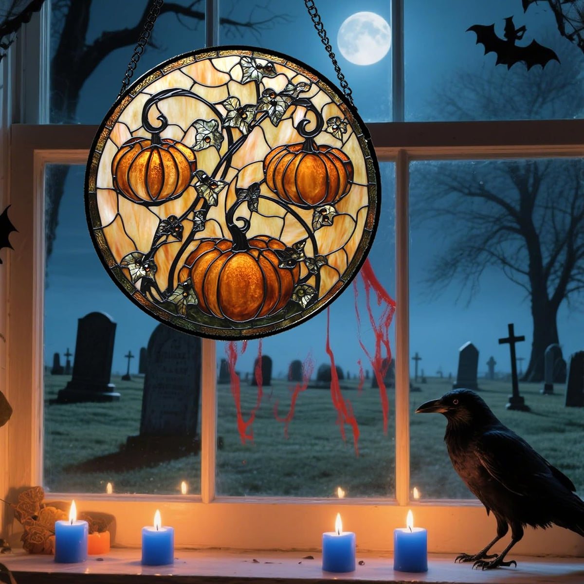 Stained Glass Window Hanging - Halloween Decoration Orange Pumpkin Vine Leaves Suncatcher for Door