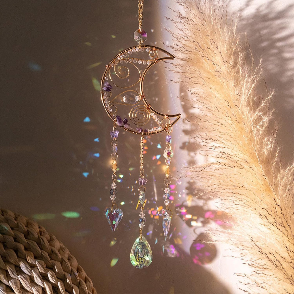 TUOKING Crystal Moon Suncatchers for Window Hanging Natural Healing Stones Wind Chimes Sun Catcher