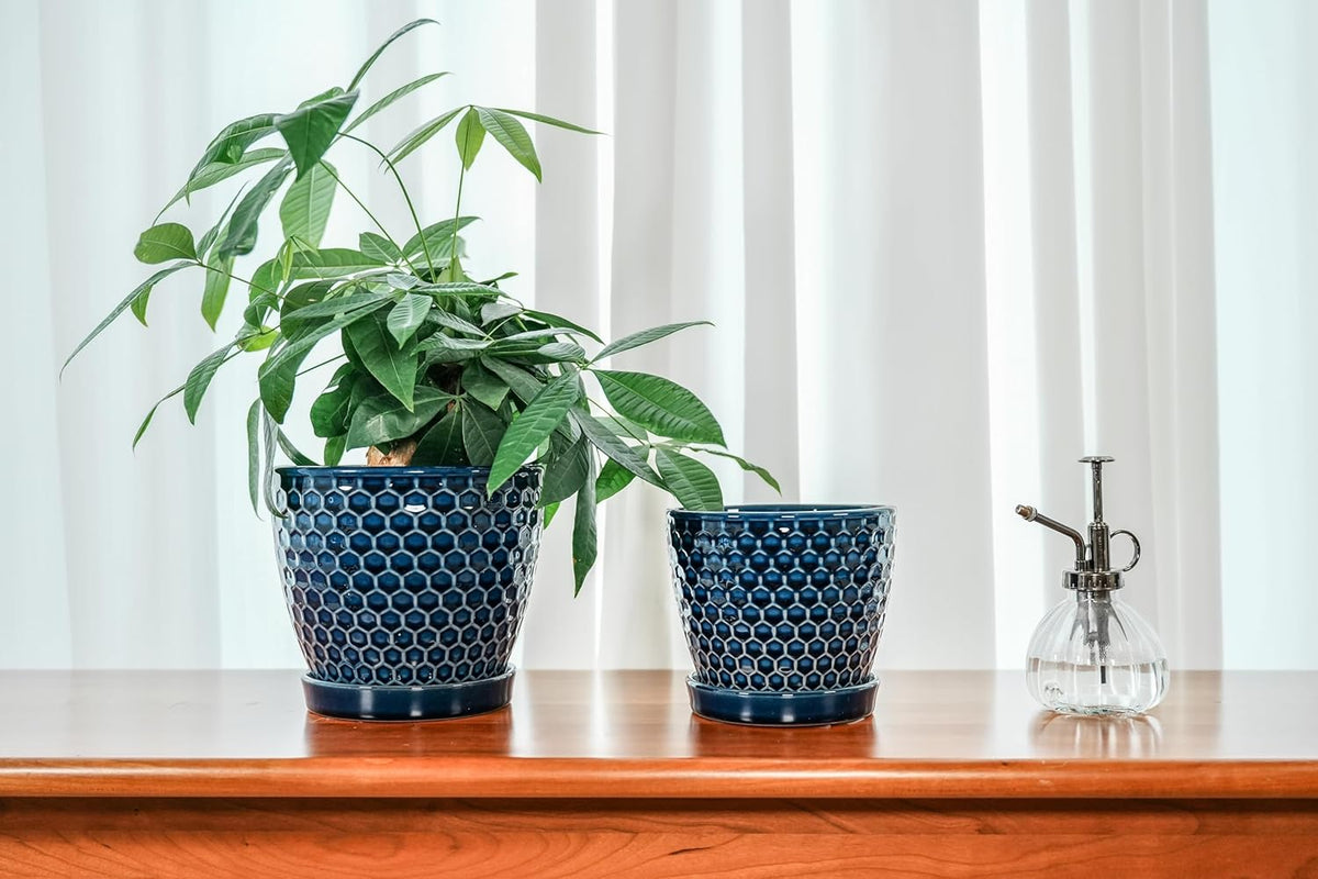 Docrin Ceramic Plant Pots Indoor, 6.6 + 5.5 Inch Planters with Drainage Holes and Saucer for