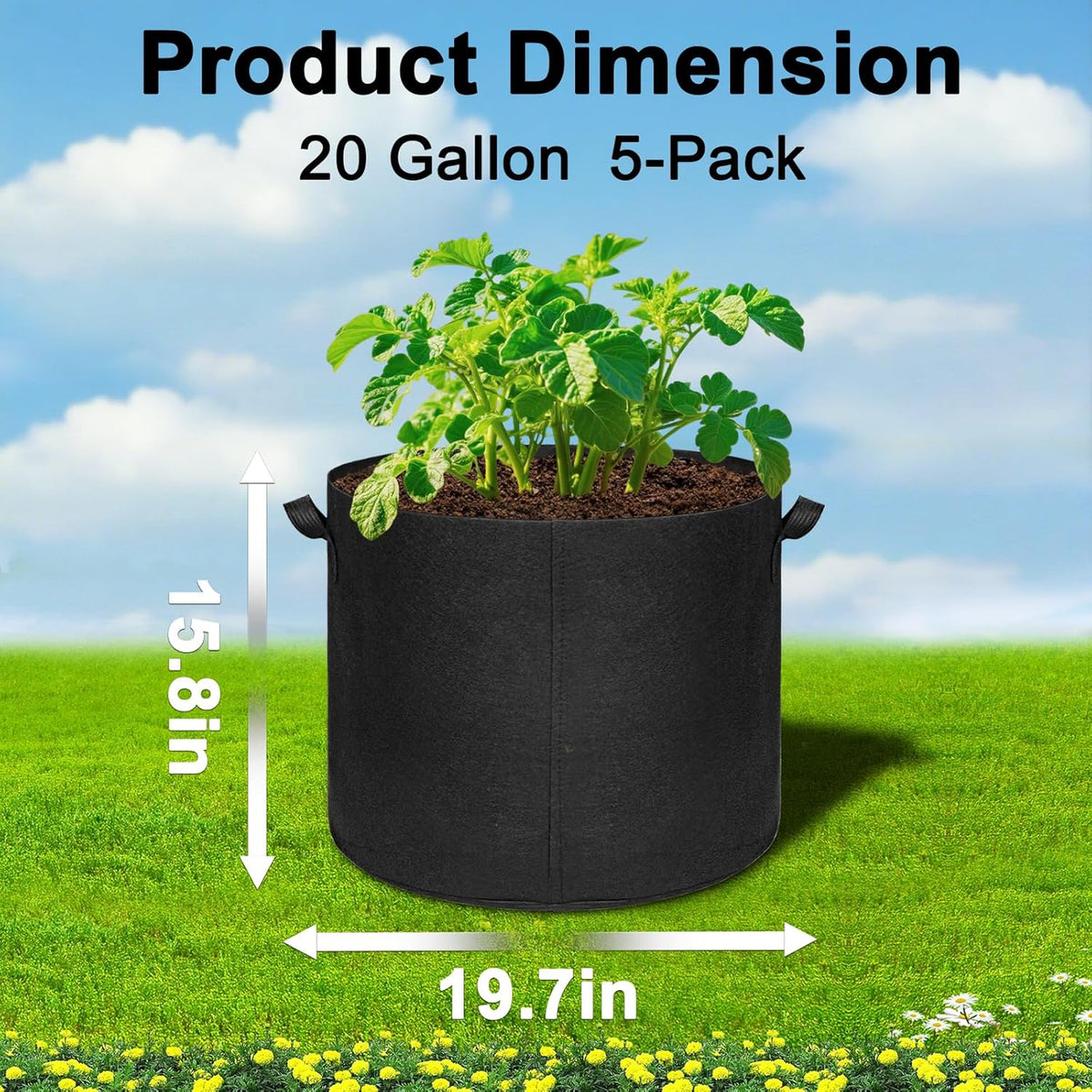 5-Pack 20 Gallon Grow Bags, Large Nonwoven Fabric Pots with Handles for Planting Fruits