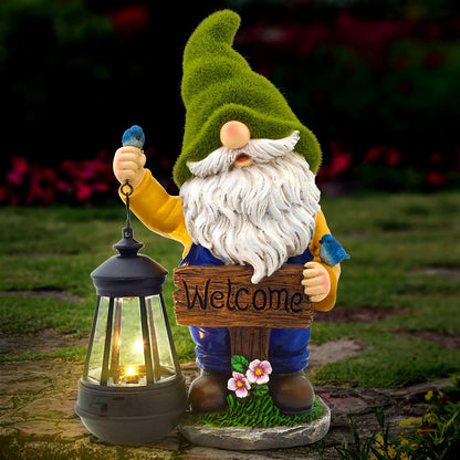Christmas Garden Gnomes Outdoor - Flocked Gnome Statue Holding Lantern with Solar LED Lights |