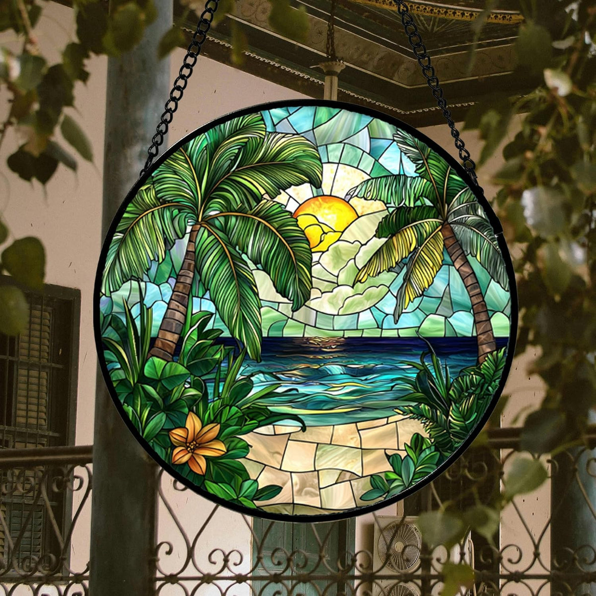 Stained Glass Window Hanging, Green Beach Scenery Suncatcher Diamond Glass Panel Hangings Sun