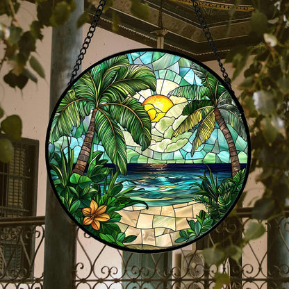 Stained Glass Window Hanging, Green Beach Scenery Suncatcher Diamond Glass Panel Hangings Sun