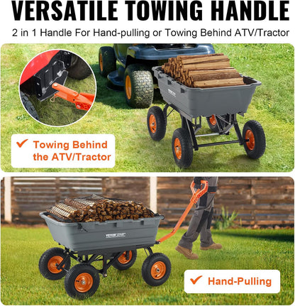 VEVOR 1500lbs Poly Garden Dump Cart Wheelbarrow Wagon with 2 in 1 Convertible Handle, Heavy Duty