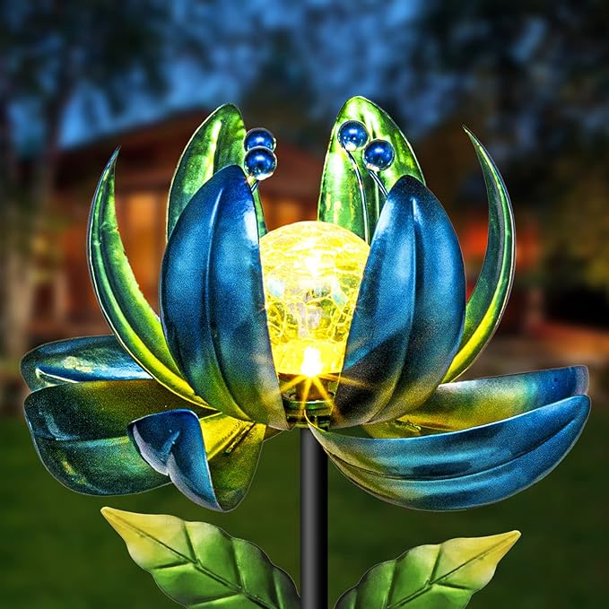 Huaxu Solar Outdoor Lights 35.4In Garden Decor Flower Wind Spinners,Waterproof LED Crackle Glass
