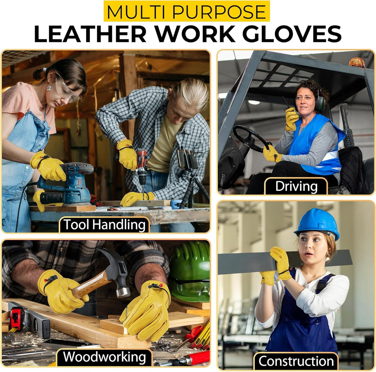 HANDLANDY Men Leather Gardening Gloves, Utility Work Gloves for Mechanics, Construction, Driver