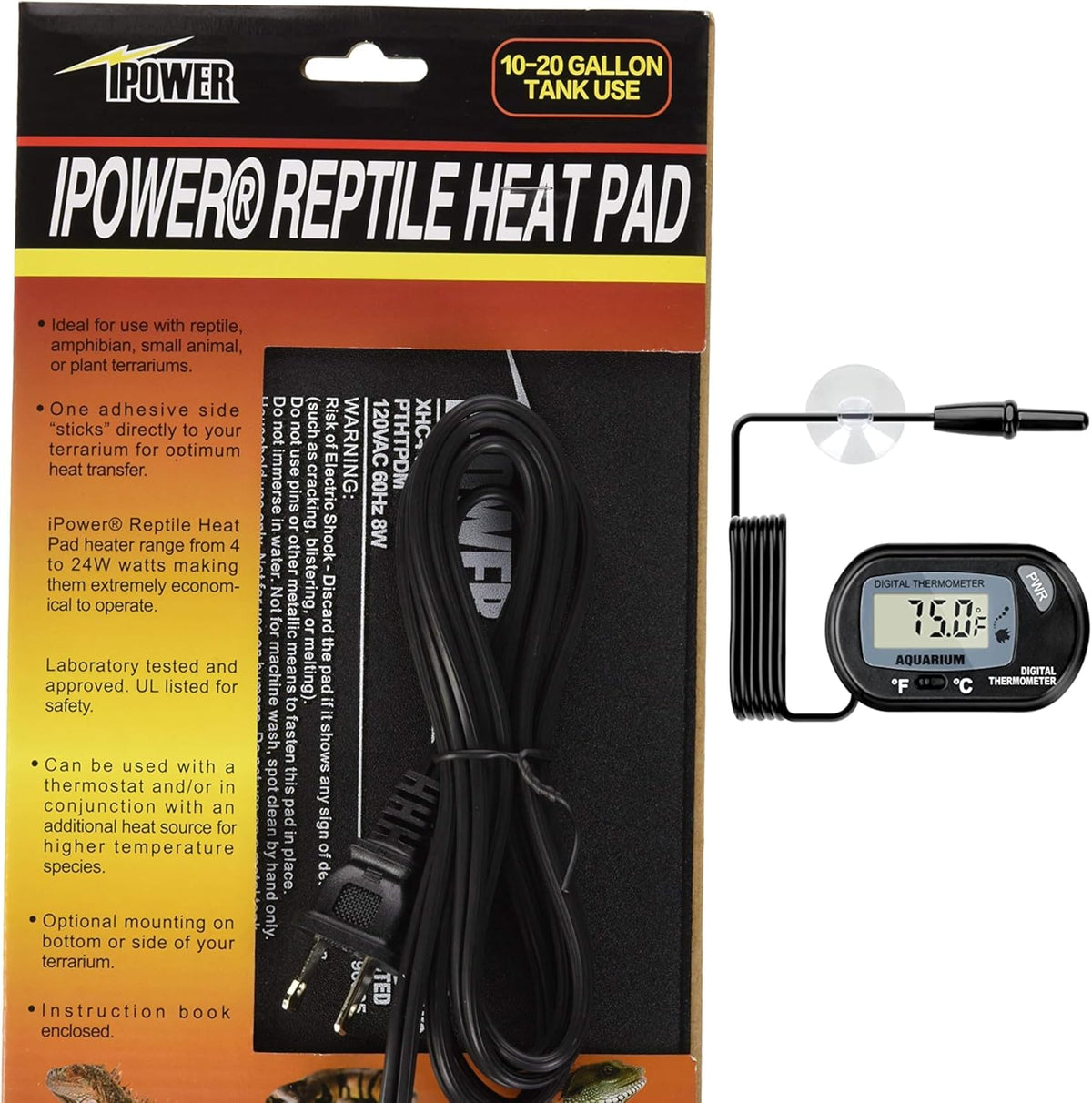 iPower 6 by 8-Inch 8W Reptile Heat Mat, LCD Digital Aquarium Thermometer, Under Tank Warmer