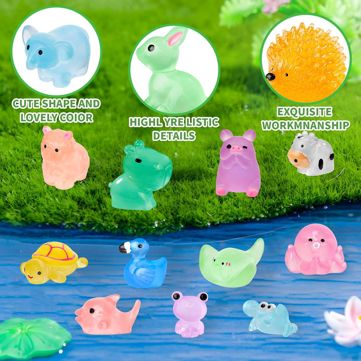 240 Pcs Luminous Mini Resin Animals 30 Styles Miniatures Animal Figurines Glow in the Dark Tiny