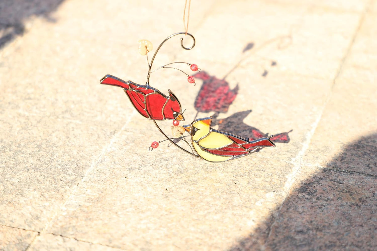 Handmade Cardinal Stained Glass Suncatcher Window Hanging Ornament for Christmas,Mother’s