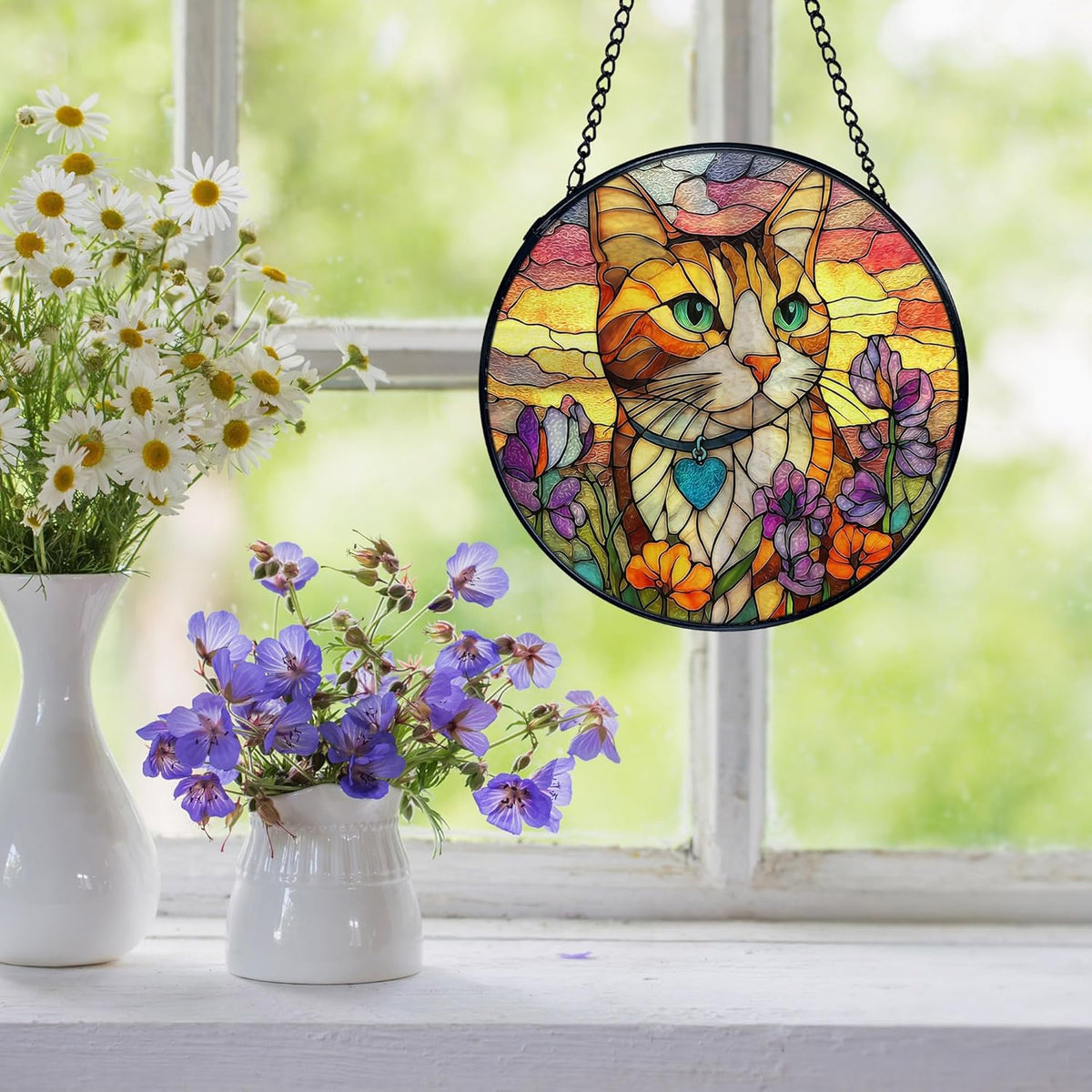 Cat Flower Suncatcher Stained Glass Window Hanging, Orange Cat Sun Catchers Indoor Window Glass