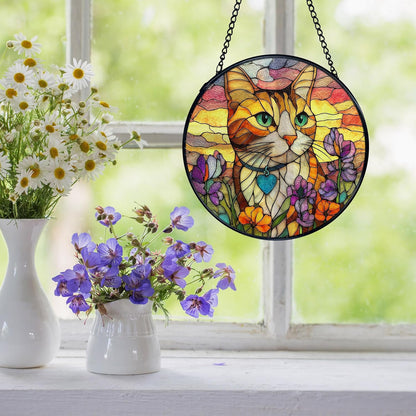 Cat Flower Suncatcher Stained Glass Window Hanging, Orange Cat Sun Catchers Indoor Window Glass