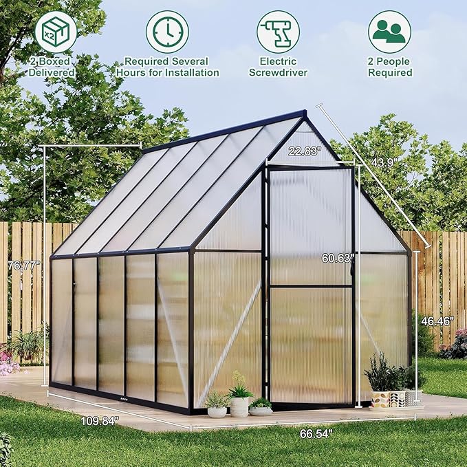 Greenhouse 6x9 FT Aluminum-Framed Heavy Duty Polycarbonate with Quick Setup Structure and Roof Vent