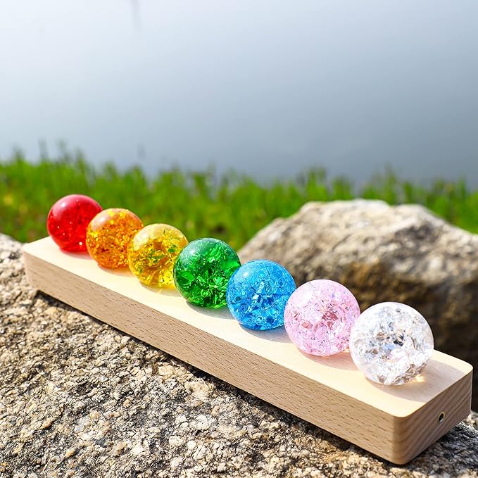 7 Colors 40mm Ice Cracked Balls Crystal Chakra Balls with LED Wooden Base Glass Healing Sphere