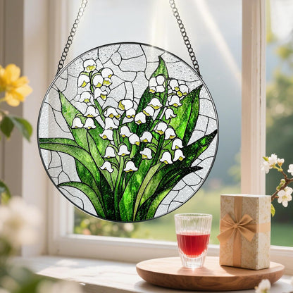 Lily of The Valley Flower Stained Glass Suncatcher, Stained Glass Window Hanging, 8 Inch Green