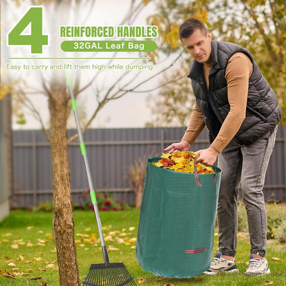 JOYHALO 65 Inch Rake for Leaves, 25 Tines Metal Leaf Rake Set with 32 Gallon Leaf Bags Scoops