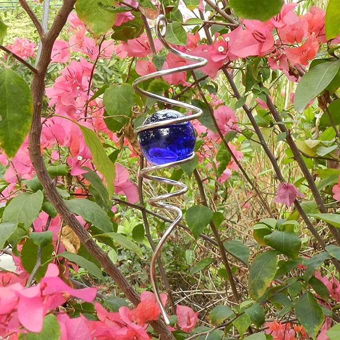 FONMY Gazing Ball Spiral Tail -Decorative Wind Spinner 11" inch Tail and 2" inch Blue Glass Orb.