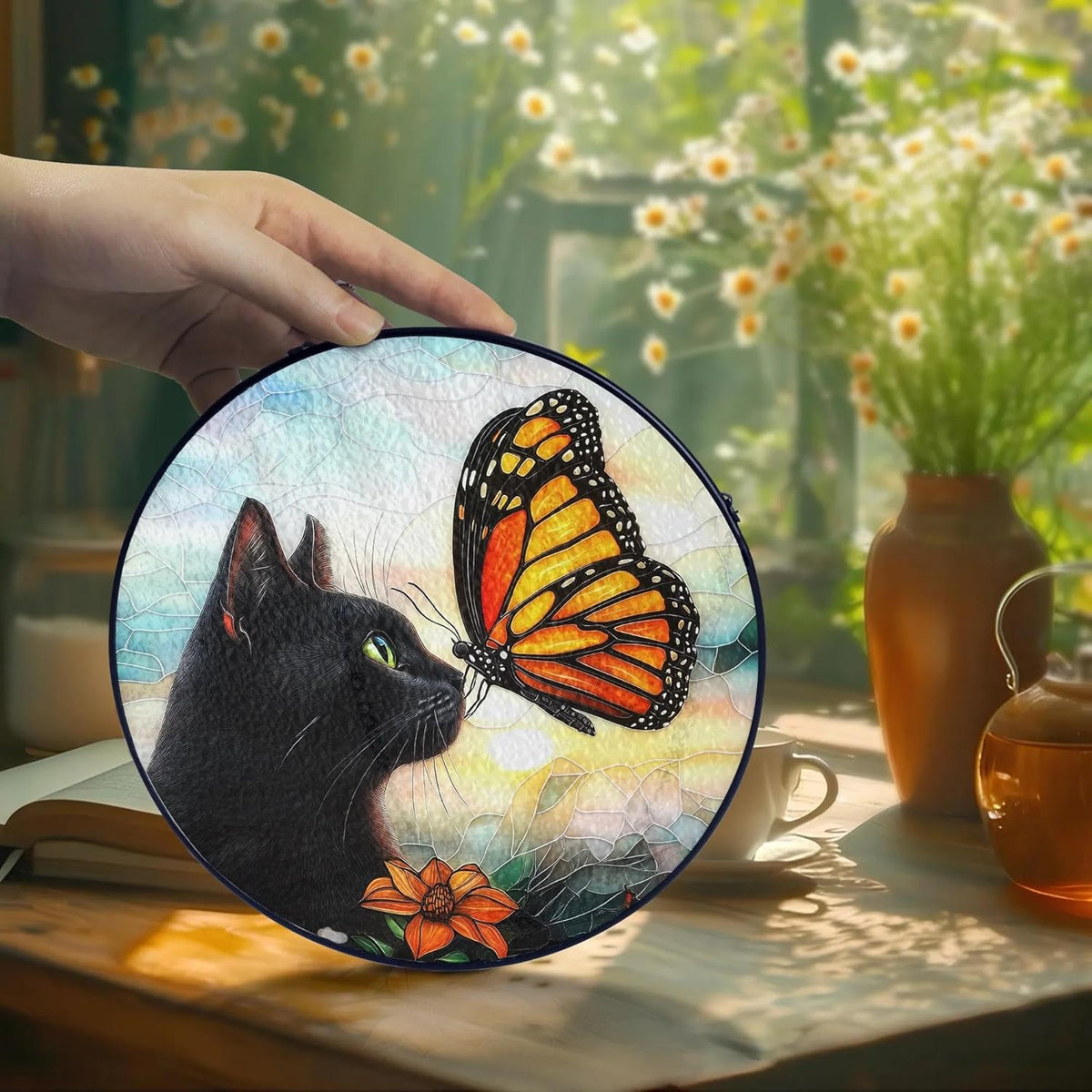 Black Cat Gifts, Cat Memorial Suncatcher Gift for Loss of Cats Butterfly Stained Glass Suncatcher
