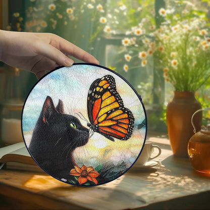 Black Cat Gifts, Cat Memorial Suncatcher Gift for Loss of Cats Butterfly Stained Glass Suncatcher