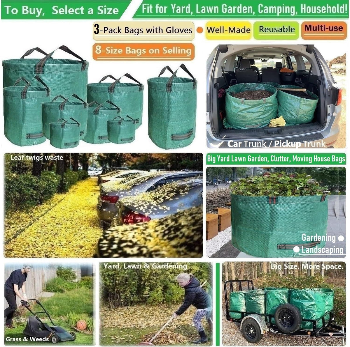 Professional 3-Pack 63 Gallons Lawn Garden Bags (D31, H19 inches) Reusable Yard Waste Bag with