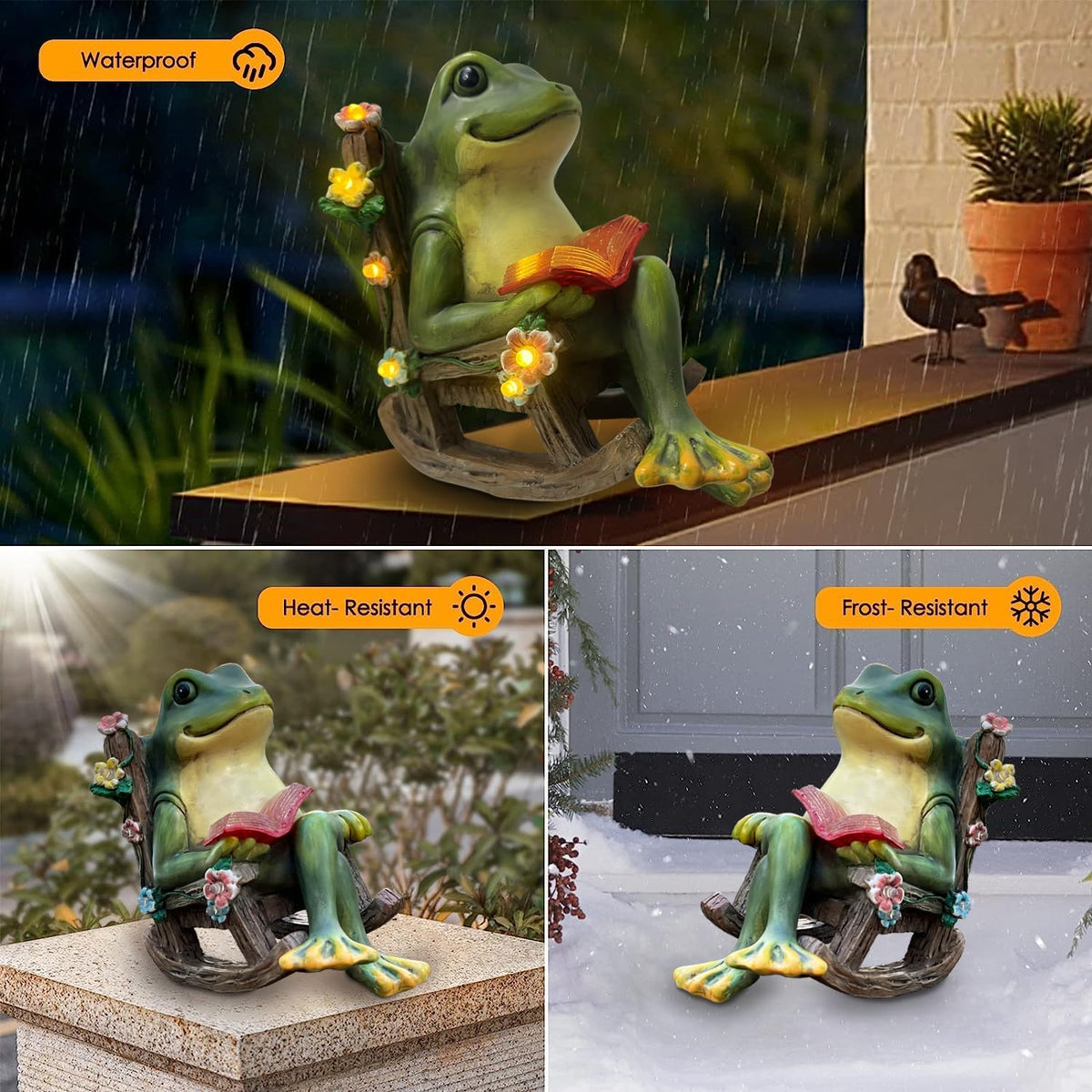Solar Garden Statues Miniature Frog Figurine Thanksgiving Decor with Succulents and 7 LED Lights