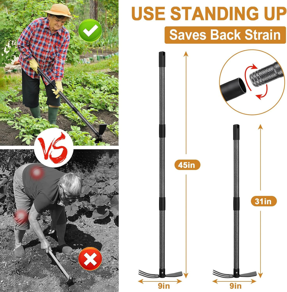 Garden Hoe Tool, 2-in-1 Heavy Duty Dual-Head Weeding Tool, 45" Adjustable Long Handle Cultivator