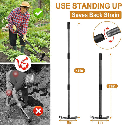 Garden Hoe Tool, 2-in-1 Heavy Duty Dual-Head Weeding Tool, 45" Adjustable Long Handle Cultivator