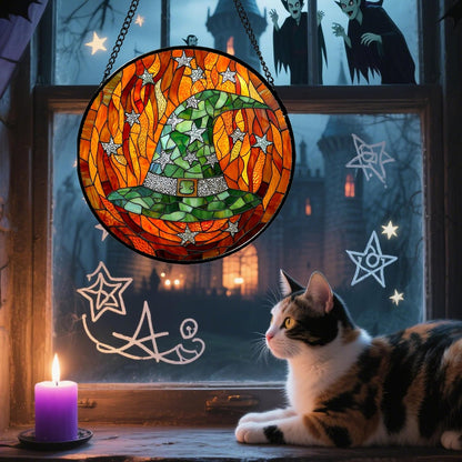 Stained Glass Window Hanging - Halloween Decorations Witch Hat Suncatcher for Doors Garden Indoor