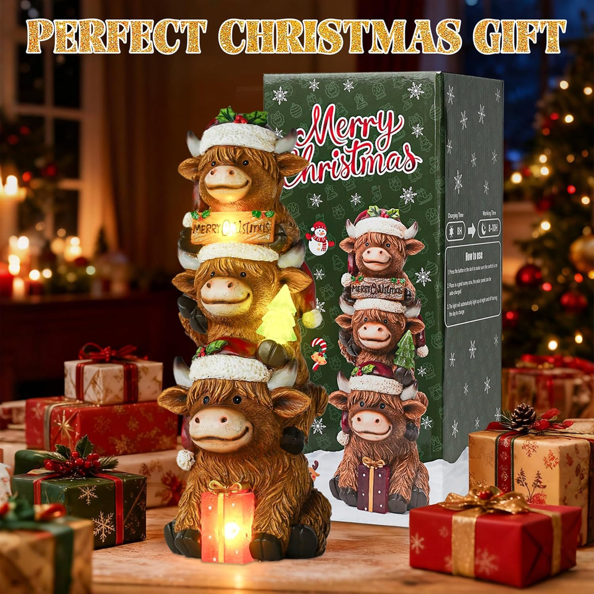 Christmas Highland Cow Decor with Solar Light Triple Highland Cow Christmas Decorations Gifts for