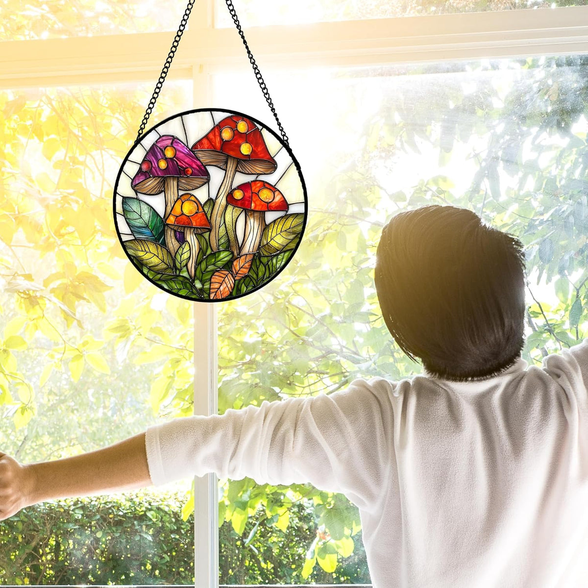 Stained Glass Window Hanging, Mushroom Leaves Suncatcher for Doors Home Sun Catchers Decoration and