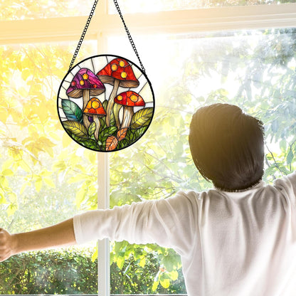 Stained Glass Window Hanging, Mushroom Leaves Suncatcher for Doors Home Sun Catchers Decoration and