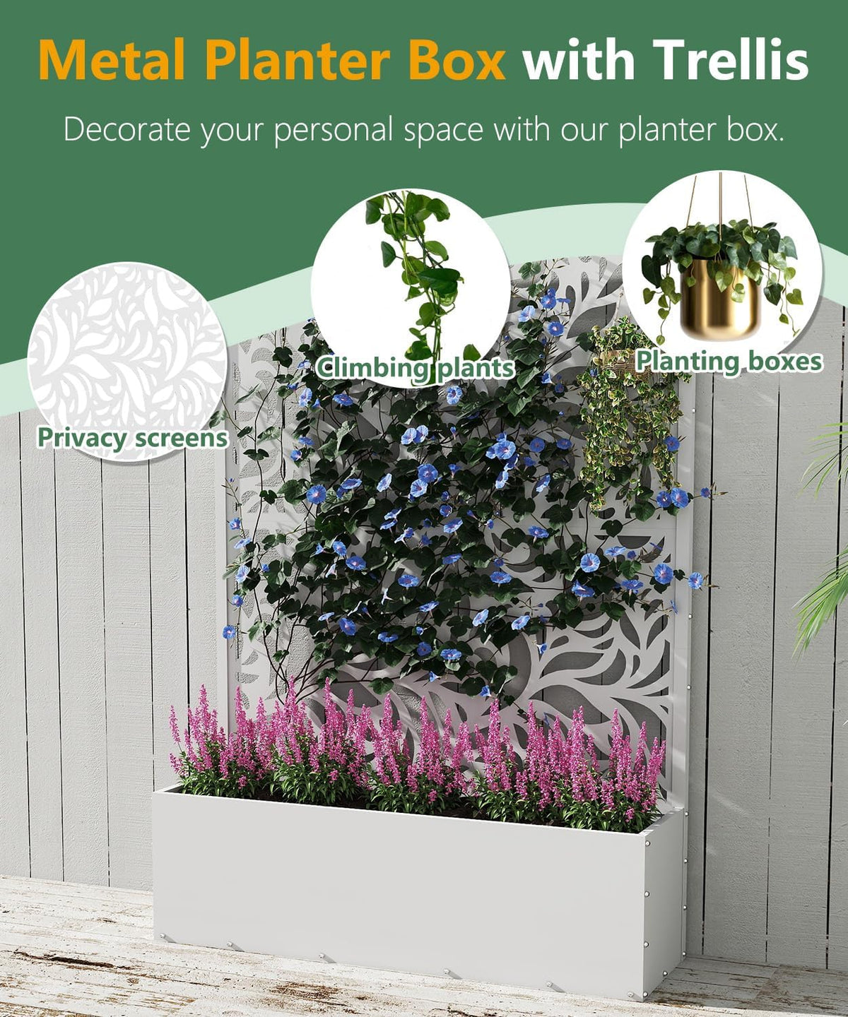 2PCS Metal Planter Box with Trellis,70.9"x47.2"x15.7" Raised Garden Bed with Drainage Holes