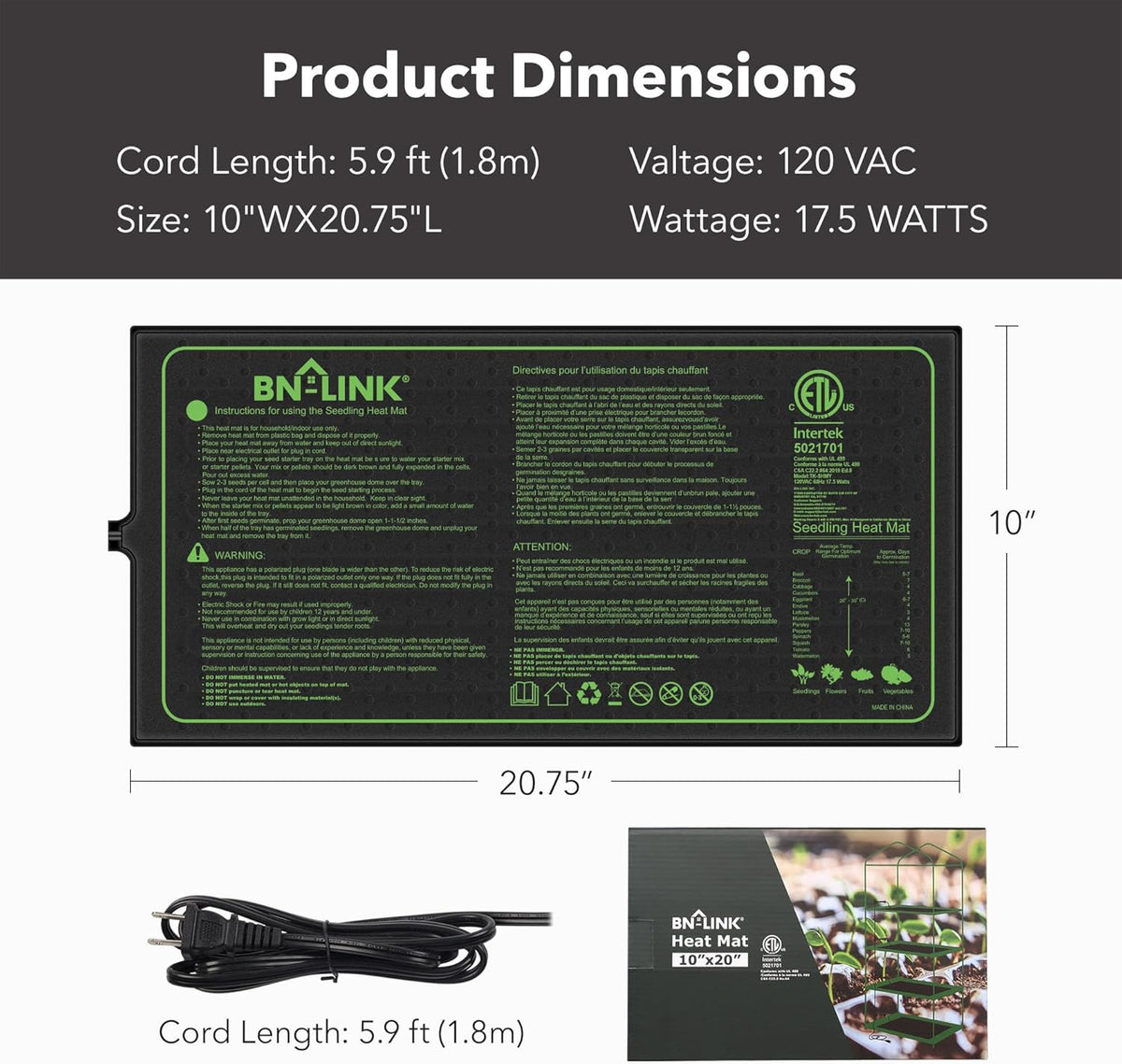 BN-LINK Seedling Heat Mat for Seed Starting 10" x 20.75", 4 Pack Daisy Chainable Waterproof Warming