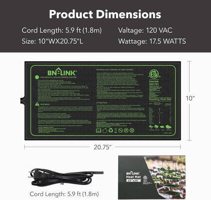 BN-LINK Seedling Heat Mat for Seed Starting 10" x 20.75", 4 Pack Daisy Chainable Waterproof Warming