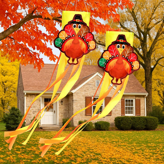 2 Pcs Thanksgiving Turkey Windsocks 40'' Fall Thanksgiving Outdoor Hanging Decoration Vintage