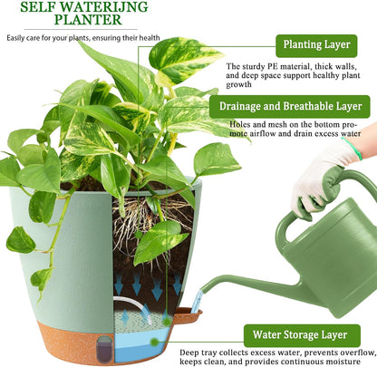 2 Pack 8 Inch Pots for Plants Indoor, Plastic Self Watering Planters with Drainage Holes, Water