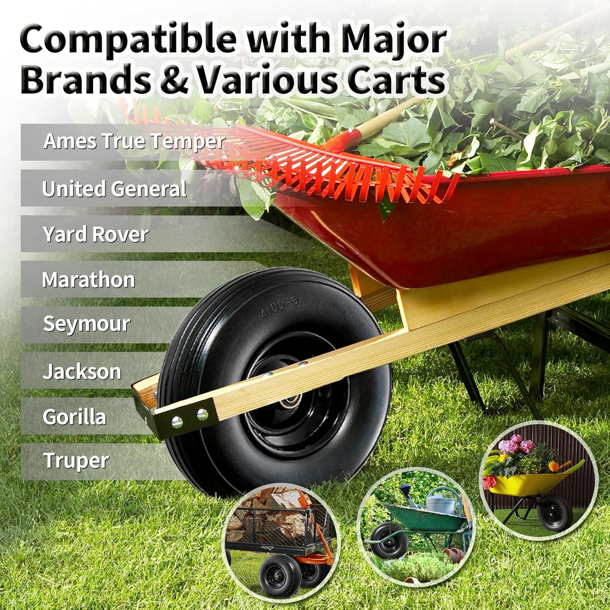 13 Inch Solid Tire Wheel - Replacement 4.00-6" Flat Free Heavy Duty Wheel with 5/8", 3/4" Bearings