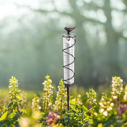 JOYBee 7inch Capacity Glass Spiral Rain Gauge,Cast Iron Bird Hanging Rain Gauge,Garden Rain Water