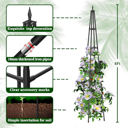 6FT Obelisk Trellis for Climbing Plants Outdoor, 16mm Rust-Proof Extra Thickened Plastic-Coated